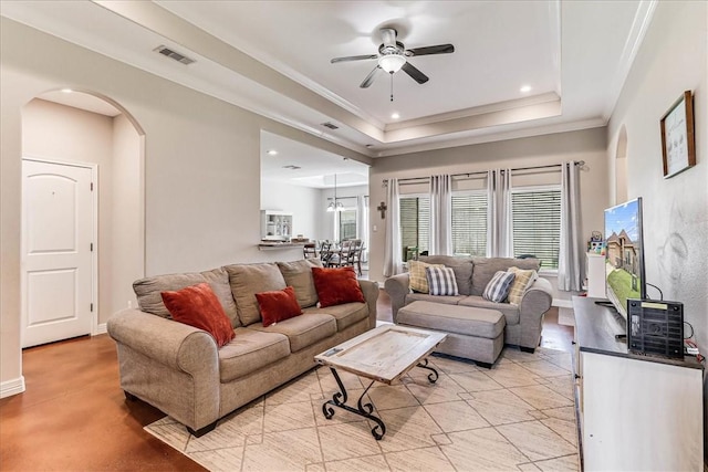 7237 Lake Tranquility Dr, Corpus Christi, TX 78414 - living room with recessed lighting, visible vents, a ceiling fan, ornamental molding, and arched walkways