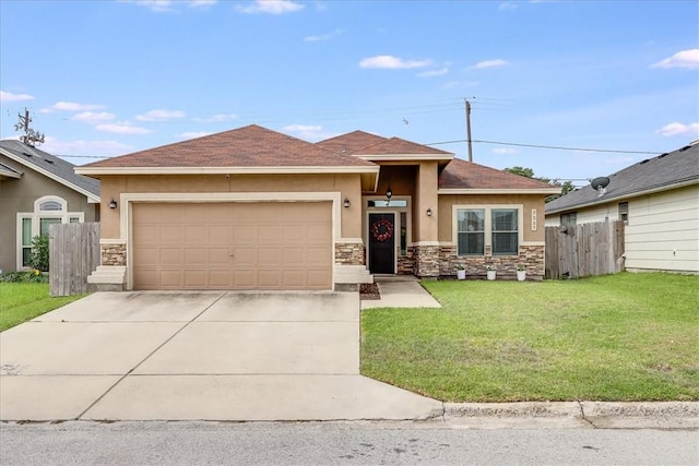 7237 Lake Tranquility Dr, Corpus Christi, TX 78414 - view of front of property with stone siding, concrete driveway, fence, a garage, and stucco siding