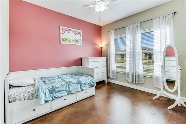 7237 Lake Tranquility Dr, Corpus Christi, TX 78414 - bedroom with concrete flooring, a ceiling fan, and baseboards