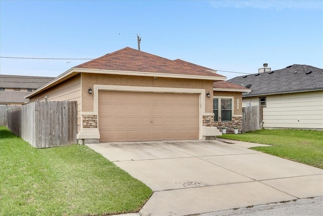 7237 Lake Tranquility Dr, Corpus Christi, TX 78414 - ranch-style house with a garage, stone siding, stucco siding, and fence