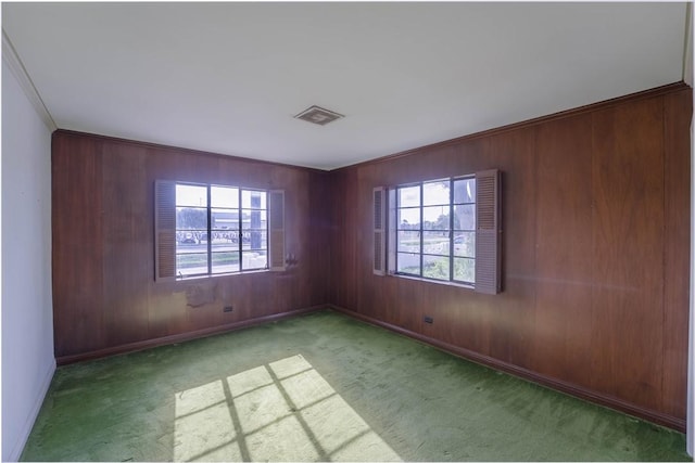 empty room with crown molding, wood walls, light carpet, and a wealth of natural light