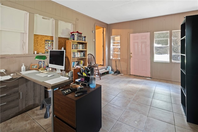 tiled office featuring wooden walls