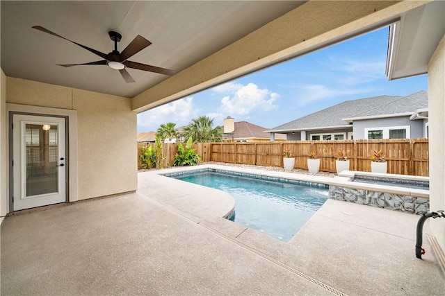 14150 Coquina Bay Ave, Corpus Christi, TX 78418 - view of pool with a patio, a fenced backyard, a fenced in pool, a ceiling fan, and an in ground hot tub