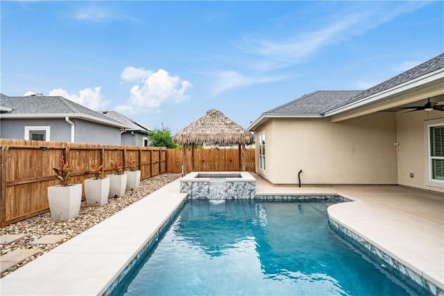 14150 Coquina Bay Ave, Corpus Christi, TX 78418 - view of pool with a patio, a fenced backyard, ceiling fan, a fenced in pool, and an in ground hot tub