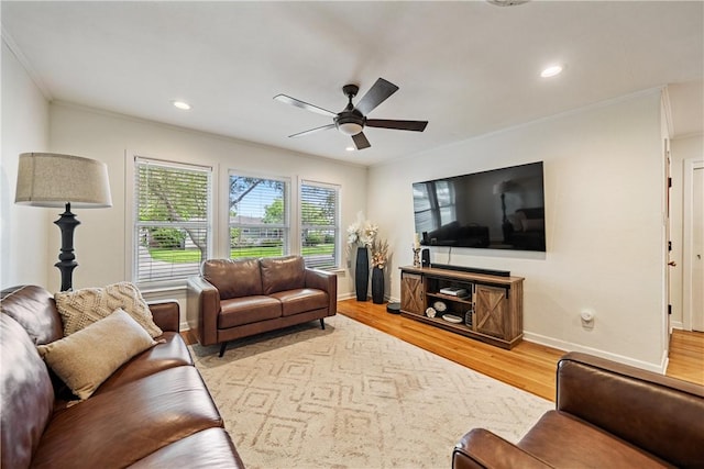 622 Bermuda Pl, Corpus Christi, TX 78411 - living room with wood finished floors, crown molding, ceiling fan, and recessed lighting