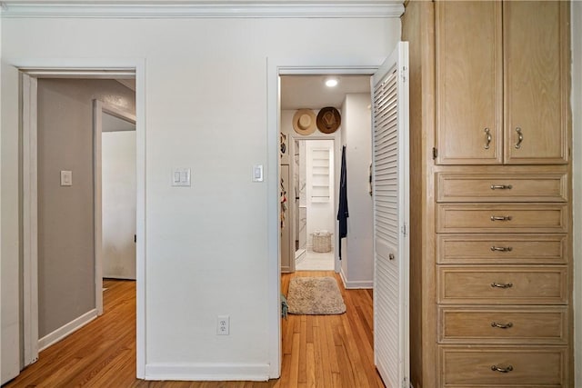 622 Bermuda Pl, Corpus Christi, TX 78411 - hall featuring light wood-type flooring, ornamental molding, and recessed lighting