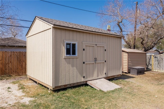 view of shed with a fenced backyard