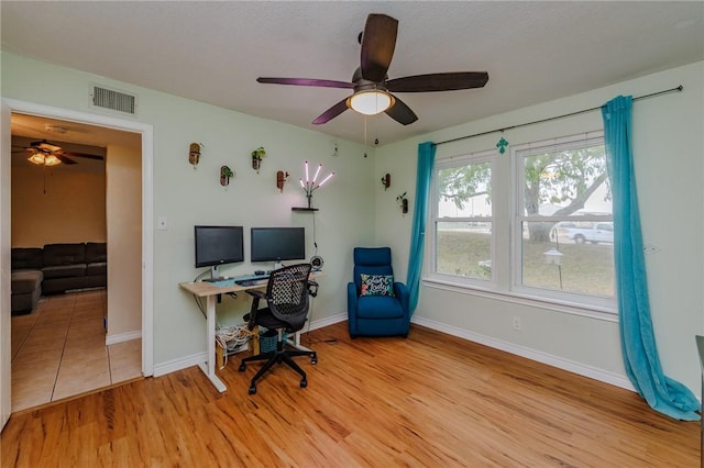 7202 Mansions Dr Unit N1, Corpus Christi, TX 78414 - home office with visible vents, baseboards, light wood-style floors, and ceiling fan
