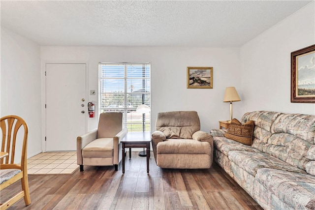 living room featuring hardwood / wood-style flooring and a textured ceiling