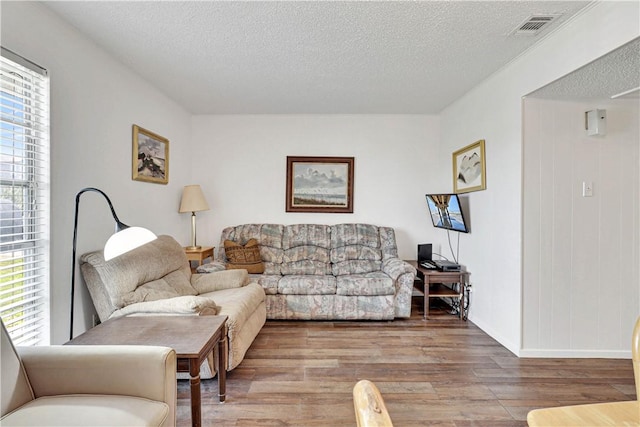 living room featuring a wealth of natural light, hardwood / wood-style floors, and a textured ceiling