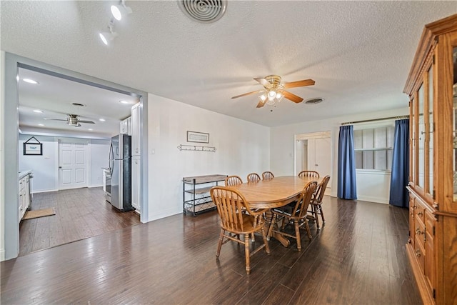 438 Pennington Dr, Corpus Christi, TX 78412 - dining area featuring a ceiling fan, dark wood-type flooring, baseboards, recessed lighting, and a textured ceiling
