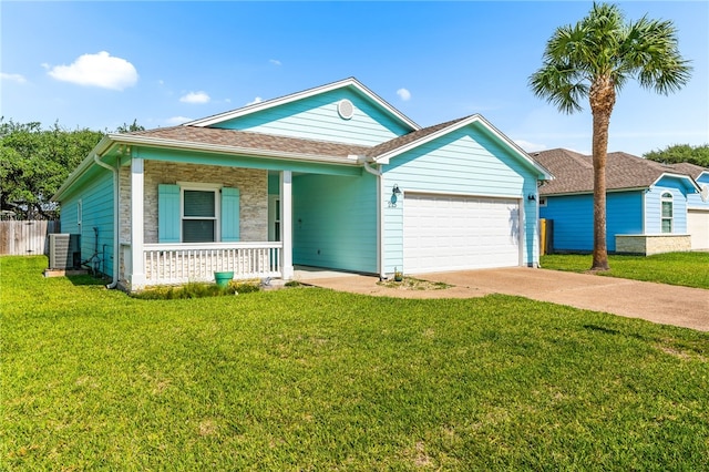 215 Sandollar Cir, Fulton, TX 78358 - single story home featuring a porch, an attached garage, cooling unit, and concrete driveway
