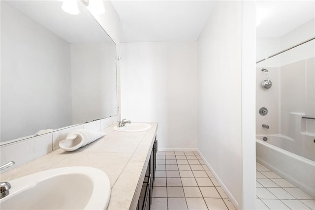 bathroom with shower / bathing tub combination, tile patterned flooring, and vanity