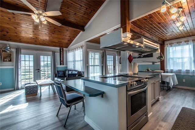 938 E Lakeside Dr, Corpus Christi, TX 78418 - kitchen featuring french doors, wood ceiling, electric range, baseboards, and plenty of natural light