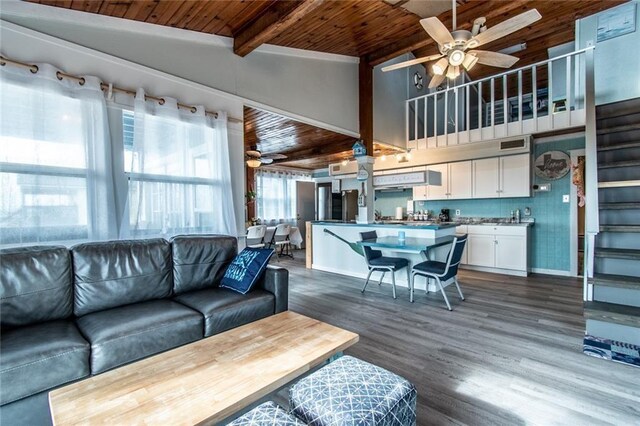 938 E Lakeside Dr, Corpus Christi, TX 78418 - living room with a ceiling fan, wood ceiling with exposed beams, dark wood-style flooring, stairs, and high vaulted ceiling