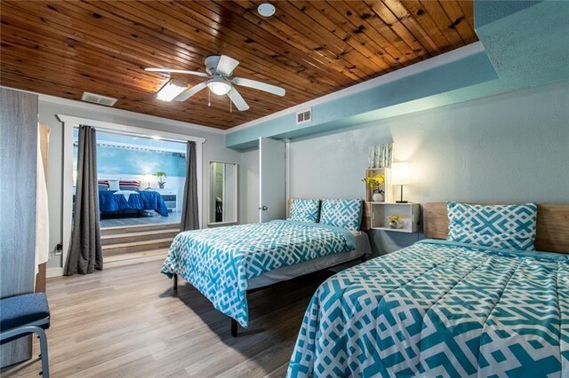 938 E Lakeside Dr, Corpus Christi, TX 78418 - bedroom with wood finished floors, wooden ceiling, and a ceiling fan