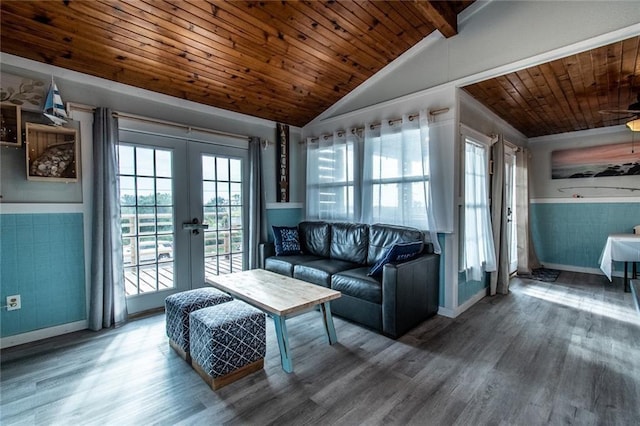938 E Lakeside Dr, Corpus Christi, TX 78418 - living area with french doors, wooden ceiling, baseboards, and wood finished floors