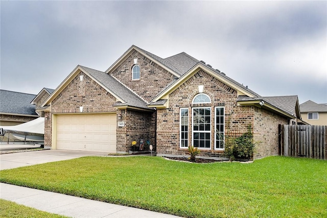 view of front of home with a garage and a front lawn