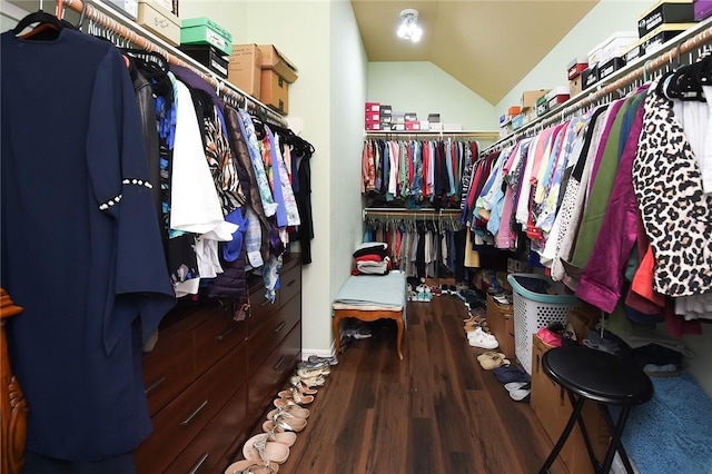 walk in closet featuring hardwood / wood-style flooring and lofted ceiling