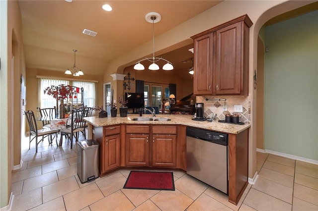 kitchen with pendant lighting, tasteful backsplash, sink, stainless steel dishwasher, and kitchen peninsula