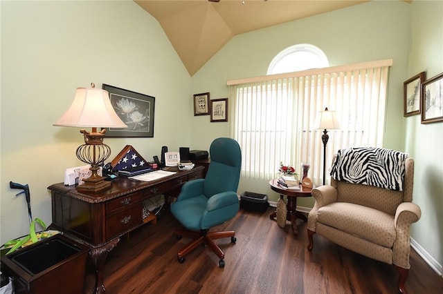 office with hardwood / wood-style flooring and vaulted ceiling