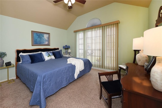 carpeted bedroom with lofted ceiling and ceiling fan