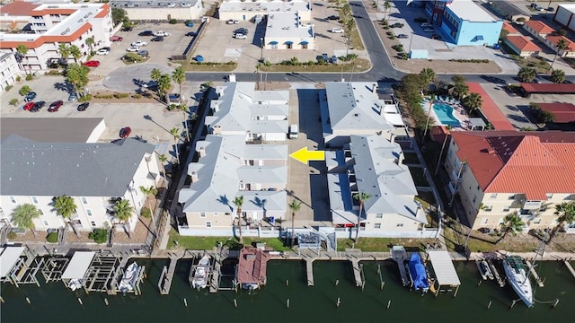 aerial view featuring a residential view and a water view