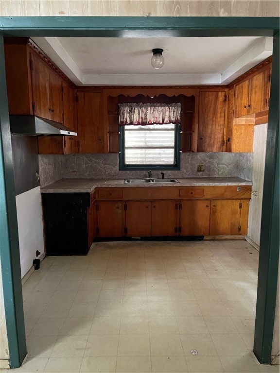 kitchen featuring range hood, backsplash, sink, and a raised ceiling