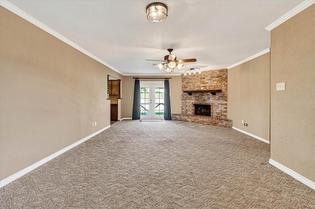 11129 Mulholland Dr, Corpus Christi, TX 78410 - unfurnished living room with crown molding, carpet, a ceiling fan, and a fireplace