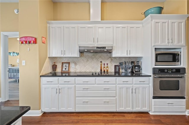 227 Windjammer St, Rockport, TX 78382 - kitchen featuring stainless steel appliances, under cabinet range hood, white cabinetry, and backsplash