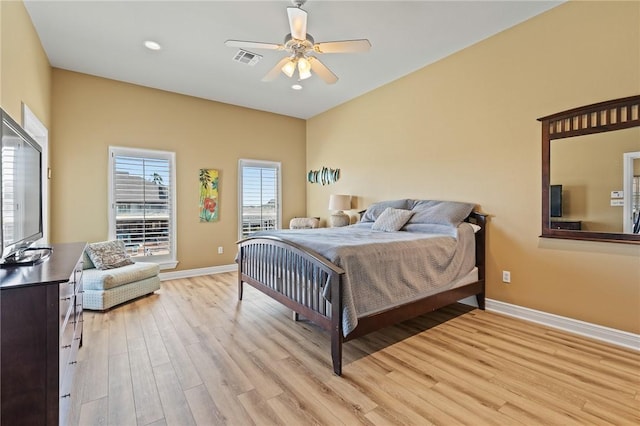 227 Windjammer St, Rockport, TX 78382 - bedroom featuring light wood-style flooring, baseboards, ceiling fan, and recessed lighting