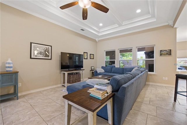 15229 Capstan St, Corpus Christi, TX 78418 - living room with crown molding, ceiling fan, a towering ceiling, and recessed lighting