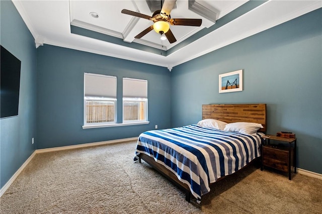 15229 Capstan St, Corpus Christi, TX 78418 - bedroom featuring crown molding, carpet flooring, coffered ceiling, beamed ceiling, and a ceiling fan