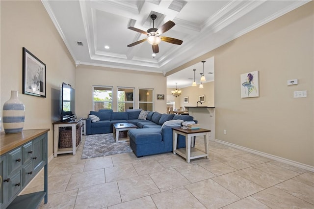 15229 Capstan St, Corpus Christi, TX 78418 - living room with crown molding, a ceiling fan, a chandelier, coffered ceiling, and beamed ceiling