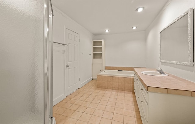 bathroom with shower with separate bathtub, vanity, tile patterned floors, and crown molding