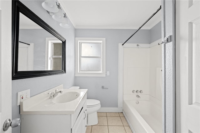 full bathroom featuring shower / bath combination, tile patterned floors, toilet, ornamental molding, and vanity