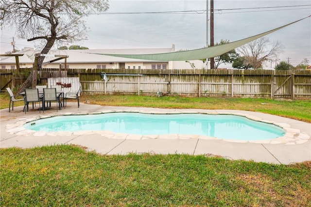 view of swimming pool with a yard and a patio