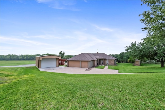 single story home featuring a front yard and a storage unit