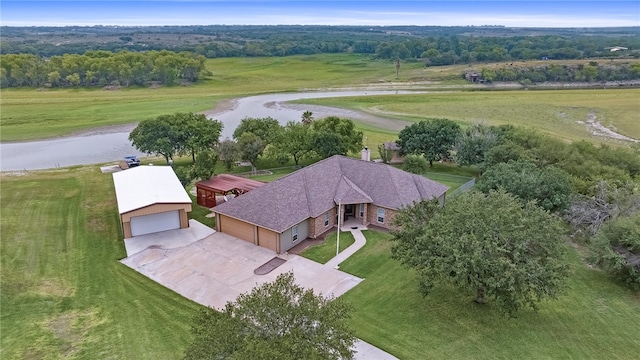 bird's eye view featuring a rural view and a water view