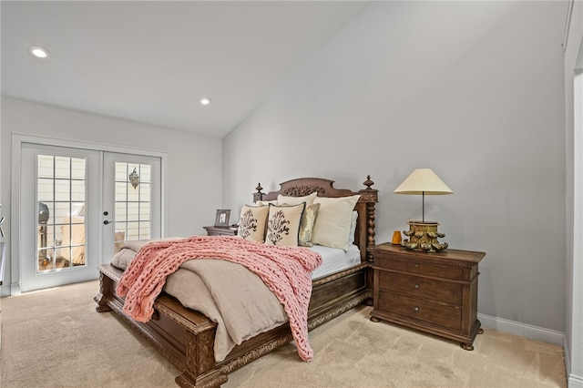 5418 Stonegate Way, Corpus Christi, TX 78411 - bedroom with light carpet, access to exterior, lofted ceiling, recessed lighting, and french doors