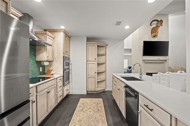 5418 Stonegate Way, Corpus Christi, TX 78411 - kitchen with black appliances, light countertops, recessed lighting, backsplash, and light brown cabinets