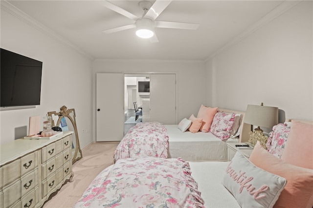 5418 Stonegate Way, Corpus Christi, TX 78411 - bedroom with light carpet, ornamental molding, and a ceiling fan