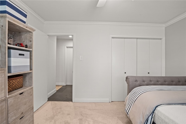 5418 Stonegate Way, Corpus Christi, TX 78411 - bedroom with ornamental molding, a closet, carpet floors, and ceiling fan