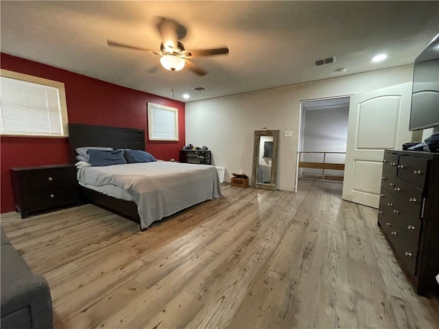 bedroom featuring ceiling fan and light hardwood / wood-style flooring