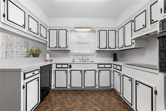 kitchen with gray cabinets, sink, decorative backsplash, and black appliances