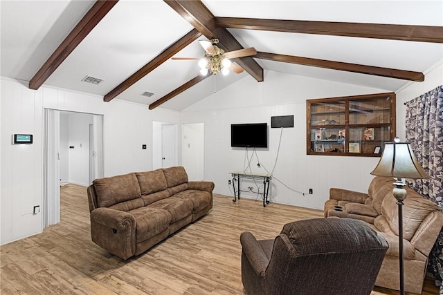 living room featuring lofted ceiling with beams, ceiling fan, and light hardwood / wood-style flooring