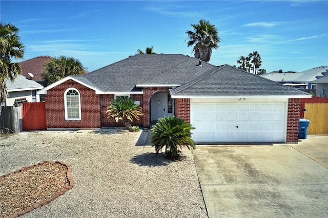 15634 Finistere St, Corpus Christi, TX 78418 - ranch-style home with a garage, brick siding, fence, concrete driveway, and roof with shingles