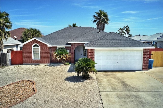 ranch-style home with a garage, brick siding, fence, concrete driveway, and roof with shingles