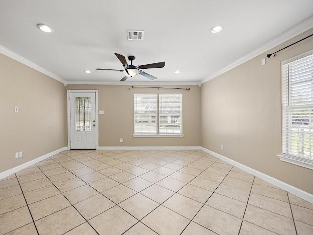 4546 Prescott St, Corpus Christi, TX 78416 - spare room with ornamental molding, ceiling fan, light tile patterned floors, and recessed lighting