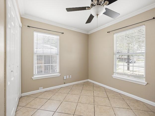 4546 Prescott St, Corpus Christi, TX 78416 - unfurnished room featuring crown molding, ceiling fan, and light tile patterned flooring